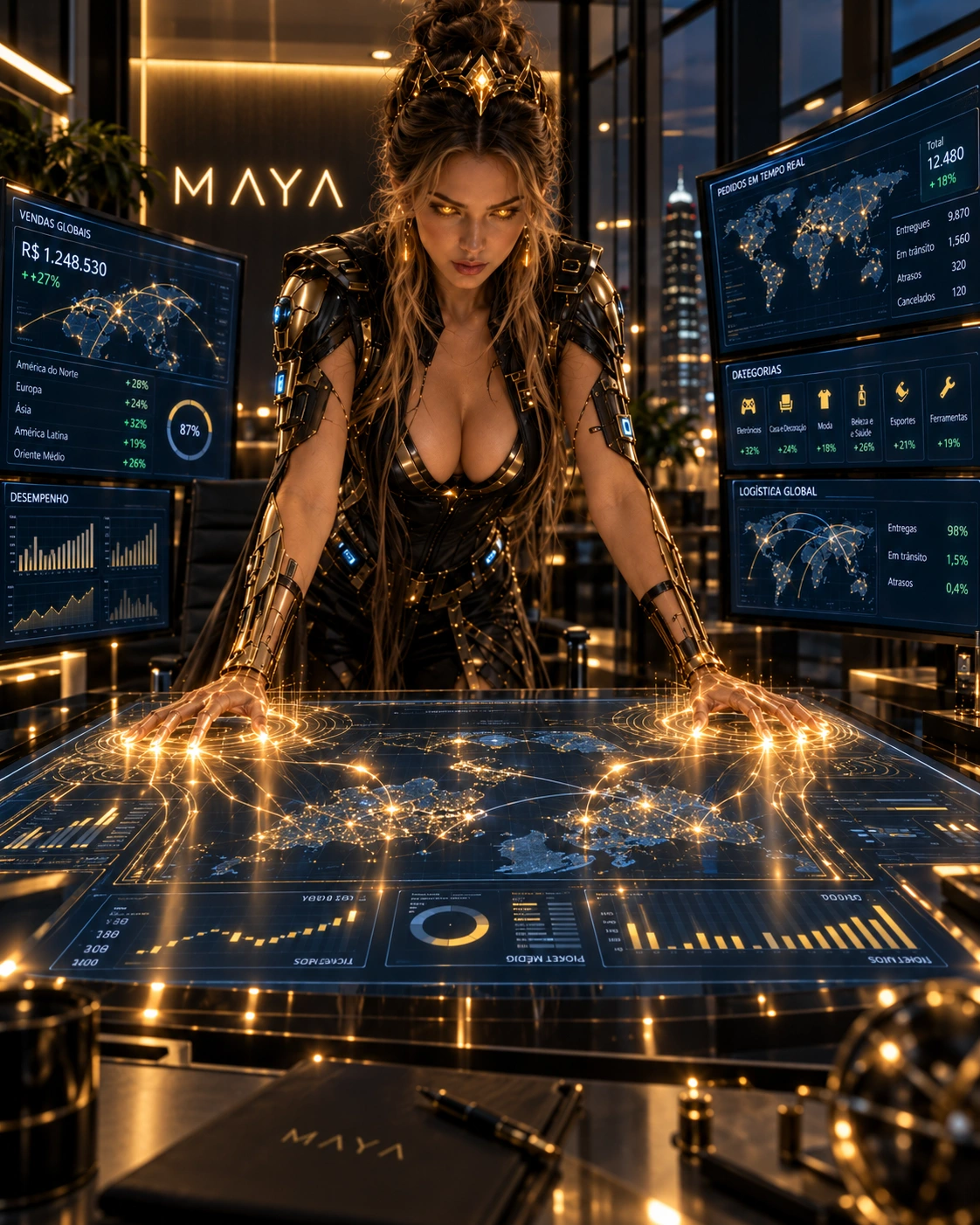 A MAYA diante de uma mesa de dados luminosa cercada de painéis de mercado
